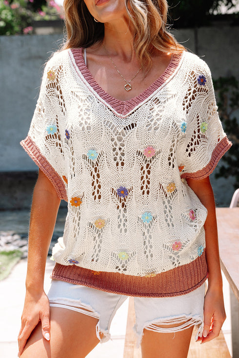Floral Applique Open Stitch V Neck Sweater Top
