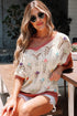 Floral Applique Open Stitch V Neck Sweater Top