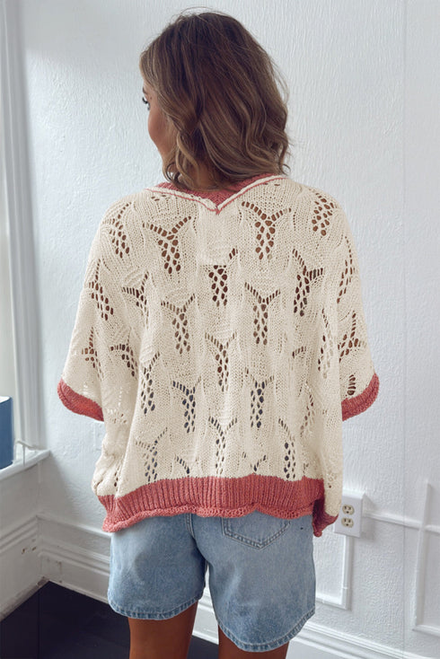 Floral Applique Open Stitch V Neck Sweater Top