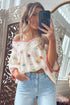 Floral Applique Open Stitch V Neck Sweater Top