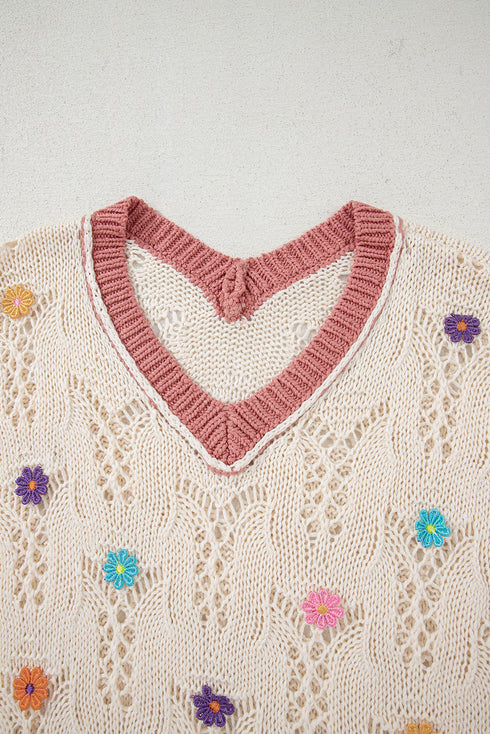 Floral Applique Open Stitch V Neck Sweater Top