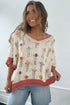 Floral Applique Open Stitch V Neck Sweater Top