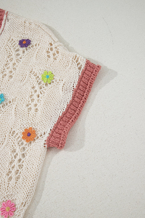 Floral Applique Open Stitch V Neck Sweater Top