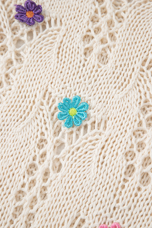 Floral Applique Open Stitch V Neck Sweater Top