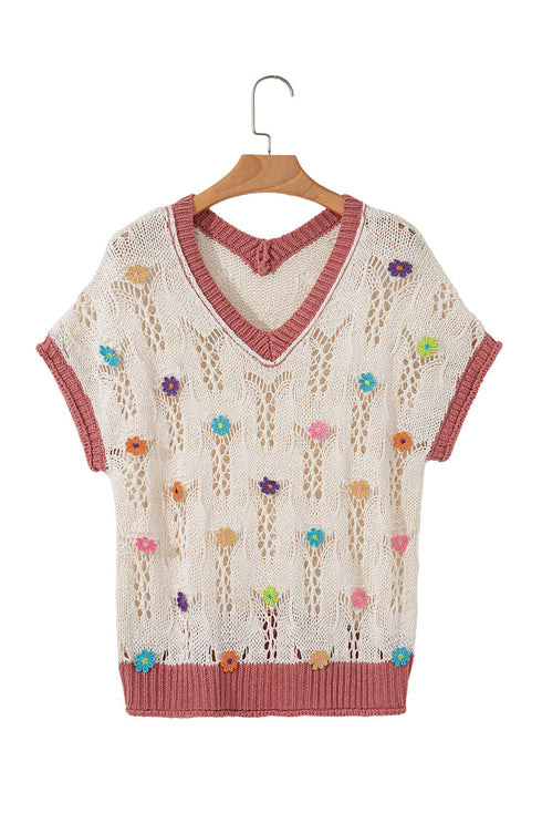 Floral Applique Open Stitch V Neck Sweater Top