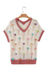 Floral Applique Open Stitch V Neck Sweater Top