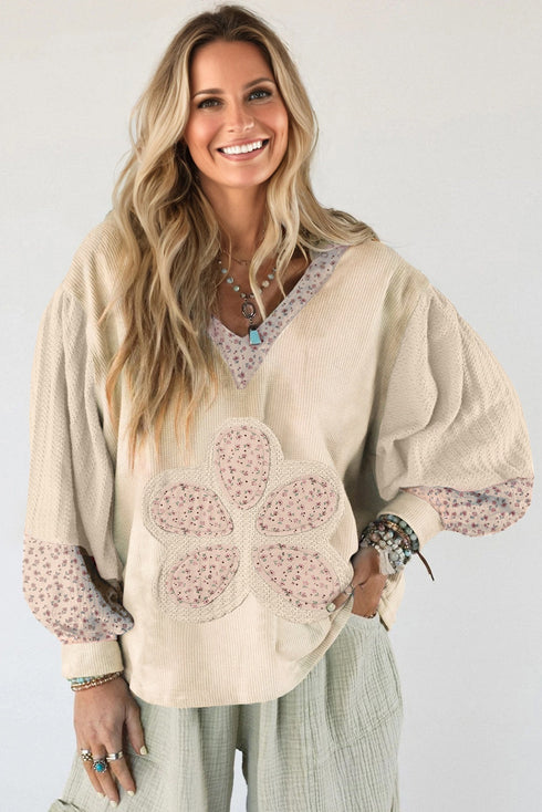 Floral Applique Patchwork V Neck Waffle Knit Drop Shoulder Long Sleeve Top