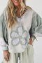 Floral Applique Patchwork V Neck Waffle Knit Drop Shoulder Long Sleeve Top