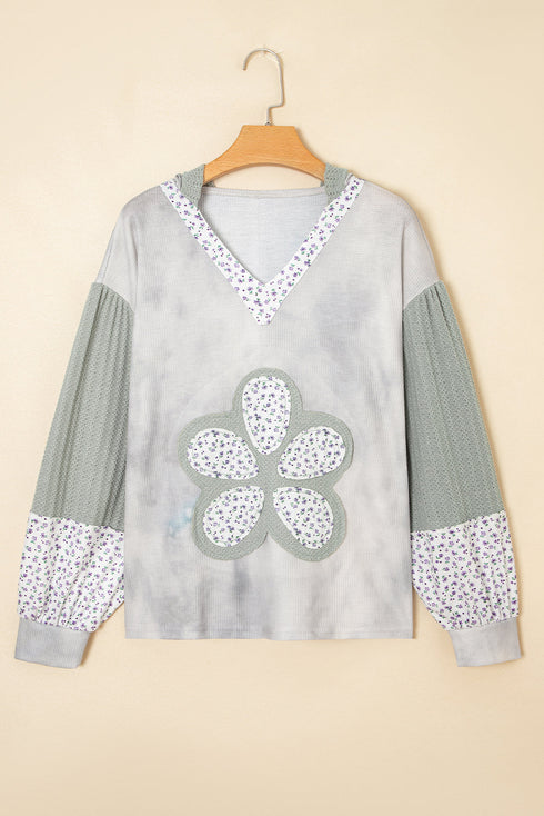 Floral Applique Patchwork V Neck Waffle Knit Drop Shoulder Long Sleeve Top