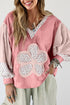Floral Applique Patchwork V Neck Waffle Knit Drop Shoulder Long Sleeve Top