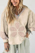 Floral Applique Patchwork V Neck Waffle Knit Drop Shoulder Long Sleeve Top