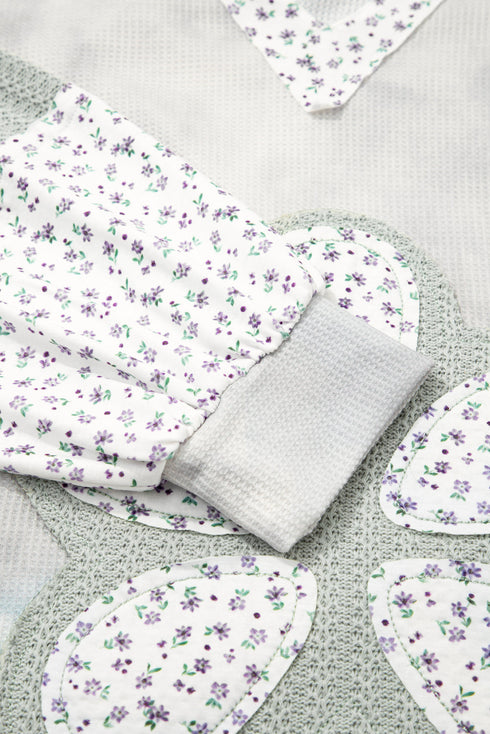 Floral Applique Patchwork V Neck Waffle Knit Drop Shoulder Long Sleeve Top