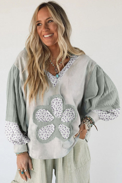 Floral Applique Patchwork V Neck Waffle Knit Drop Shoulder Long Sleeve Top