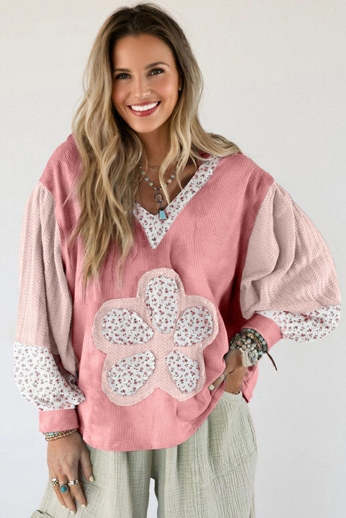 Floral Applique Patchwork V Neck Waffle Knit Drop Shoulder Long Sleeve Top