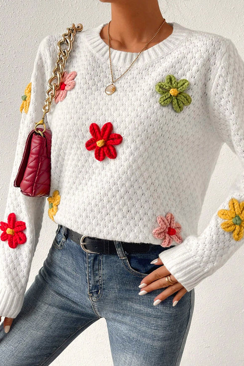 Floral Applique Pointelle Knit Crew Neck Sweater