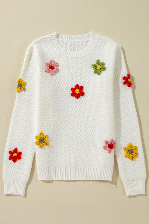 Floral Applique Pointelle Knit Crew Neck Sweater