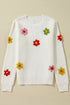 Floral Applique Pointelle Knit Crew Neck Sweater