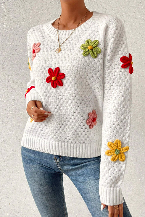 Floral Applique Pointelle Knit Crew Neck Sweater