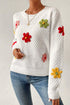 Floral Applique Pointelle Knit Crew Neck Sweater