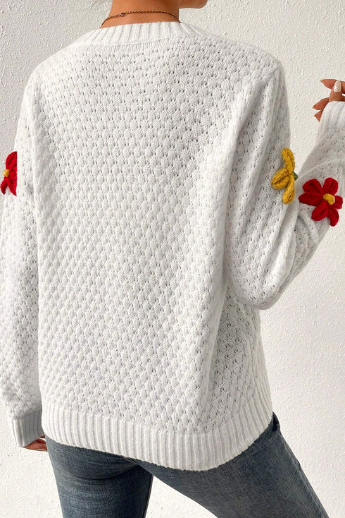 Floral Applique Pointelle Knit Crew Neck Sweater