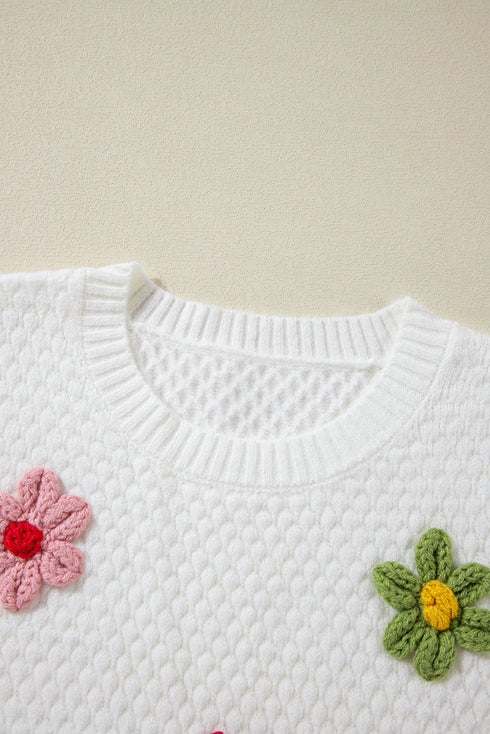 Floral Applique Pointelle Knit Crew Neck Sweater