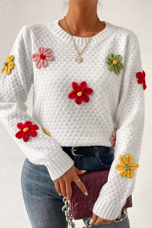Floral Applique Pointelle Knit Crew Neck Sweater