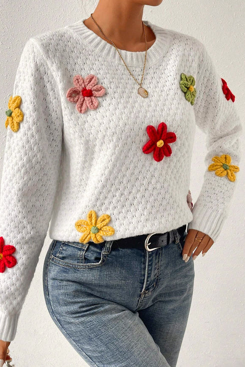 Floral Applique Pointelle Knit Crew Neck Sweater