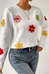 Floral Applique Pointelle Knit Crew Neck Sweater