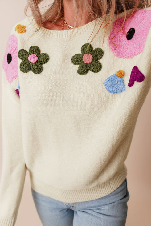 Floral Applique Shoulder Detail Soft Knit Sweater
