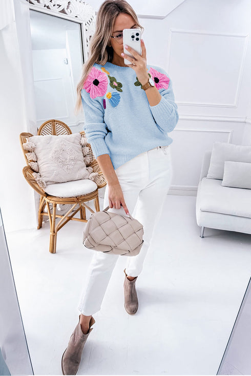 Floral Applique Shoulder Detail Soft Knit Sweater