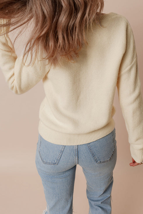 Floral Applique Shoulder Detail Soft Knit Sweater