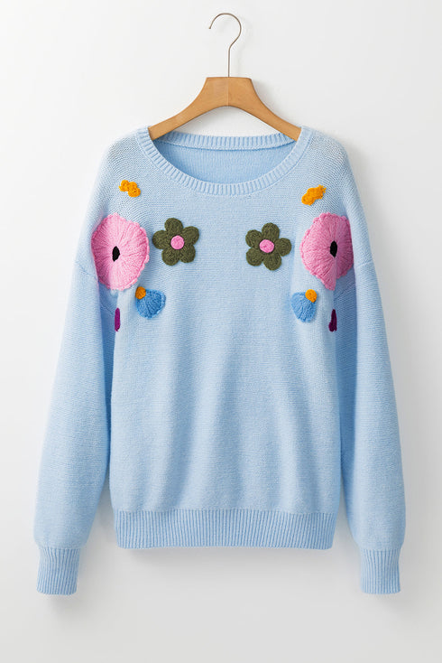 Floral Applique Shoulder Detail Soft Knit Sweater