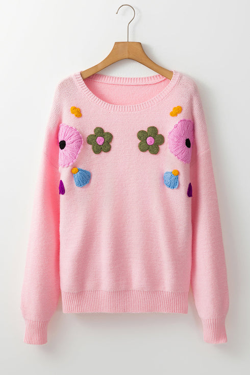Floral Applique Shoulder Detail Soft Knit Sweater