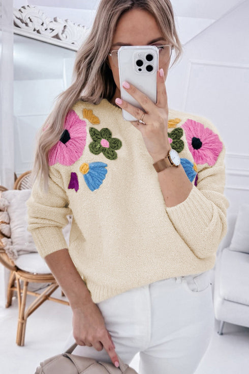 Floral Applique Shoulder Detail Soft Knit Sweater