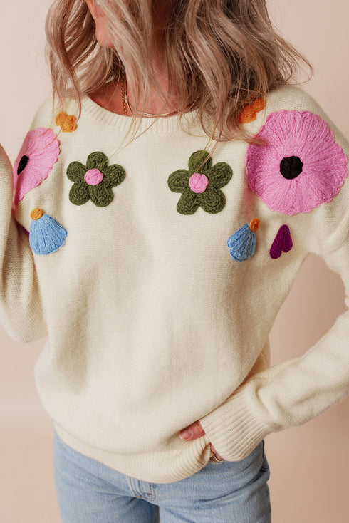 Floral Applique Shoulder Detail Soft Knit Sweater