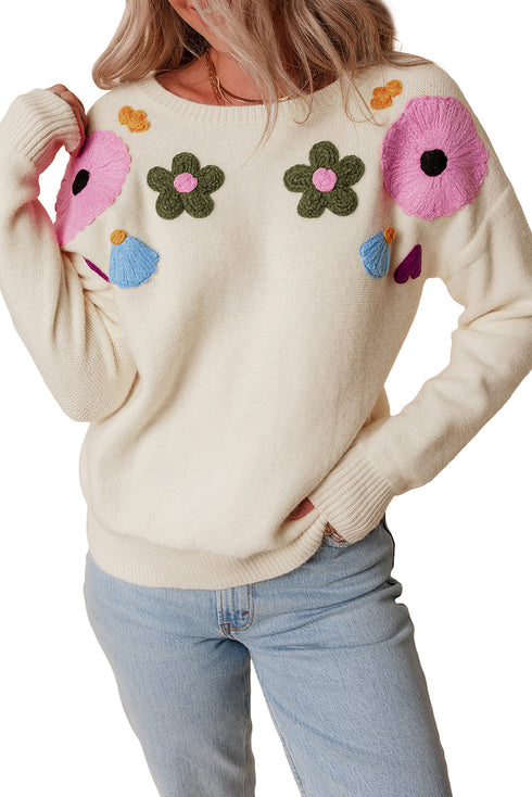 Floral Applique Shoulder Detail Soft Knit Sweater