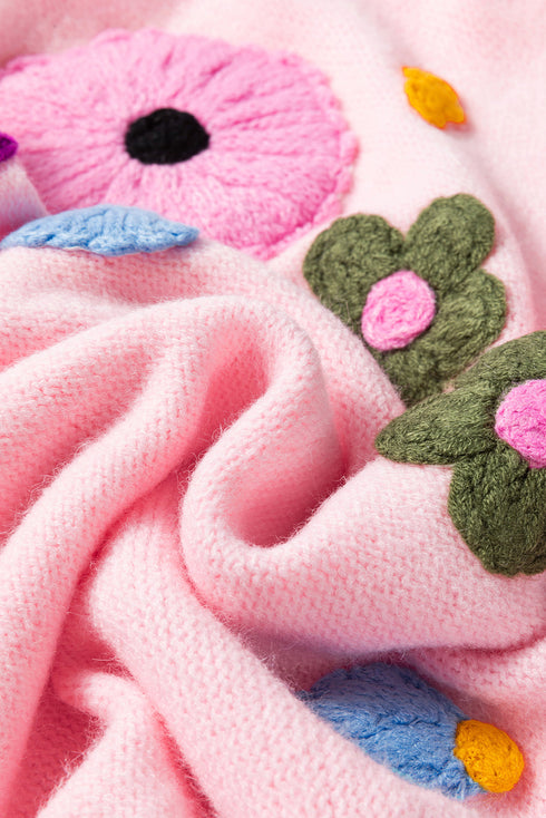 Floral Applique Shoulder Detail Soft Knit Sweater