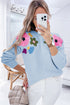 Floral Applique Shoulder Detail Soft Knit Sweater
