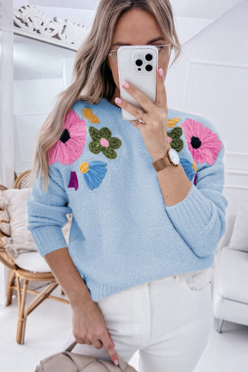 Floral Applique Shoulder Detail Soft Knit Sweater