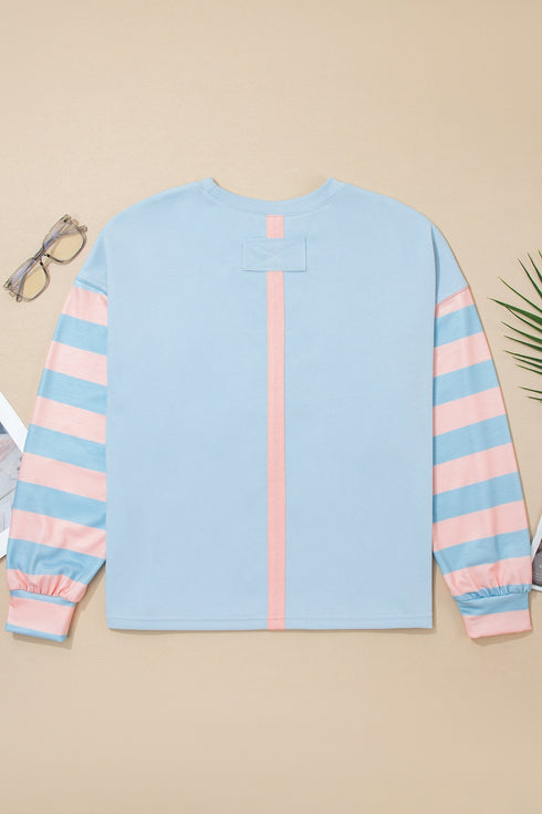 Floral Applique Striped Drop Shoulder Long Sleeve Top