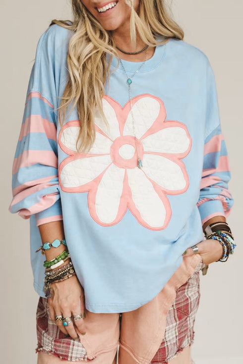Floral Applique Striped Drop Shoulder Long Sleeve Top