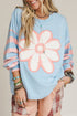 Floral Applique Striped Drop Shoulder Long Sleeve Top