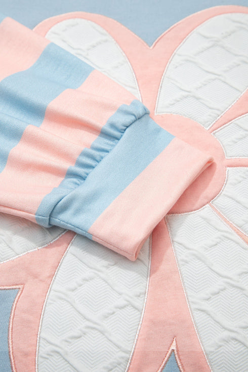 Floral Applique Striped Drop Shoulder Long Sleeve Top