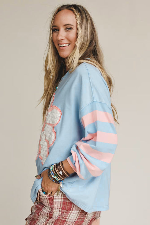 Floral Applique Striped Drop Shoulder Long Sleeve Top