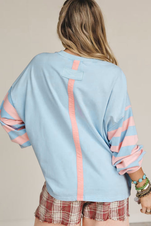 Floral Applique Striped Drop Shoulder Long Sleeve Top