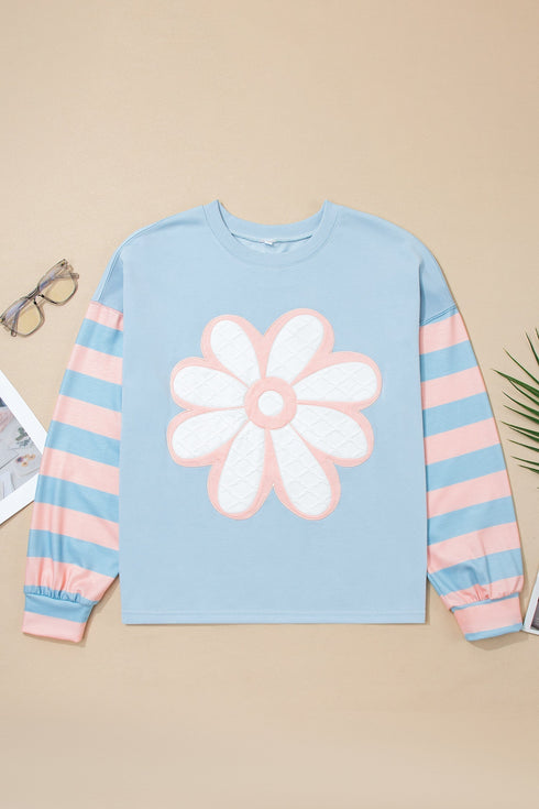 Floral Applique Striped Drop Shoulder Long Sleeve Top