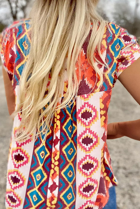 Floral Aztec Geometric Cap Sleeve Top