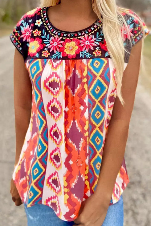 Floral Aztec Geometric Cap Sleeve Top
