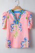 Floral Bloom Striped Trim Notched V Neck Puff Sleeve Blouse