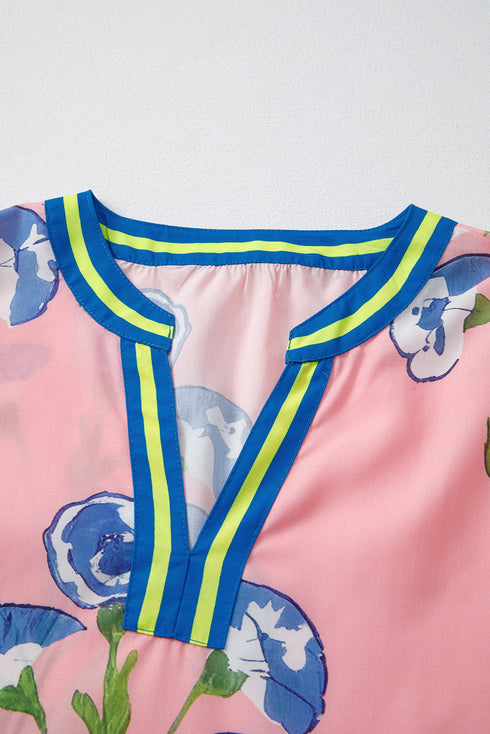 Floral Bloom Striped Trim Notched V Neck Puff Sleeve Blouse